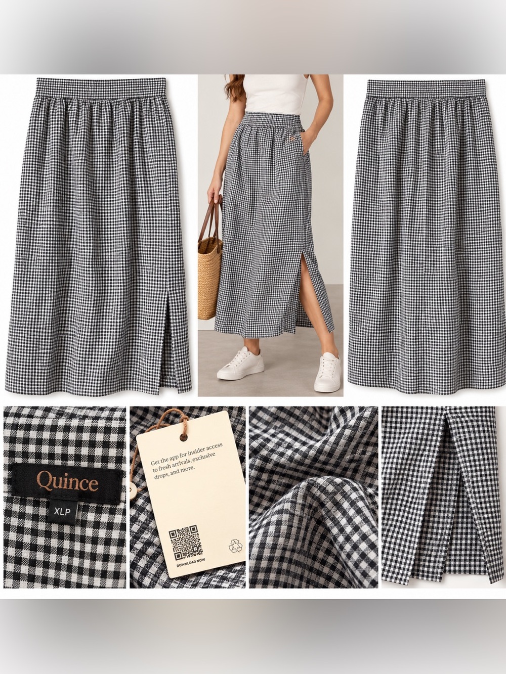 Quince Black & White Gingham Midi Skirt with Side Slit XLP
